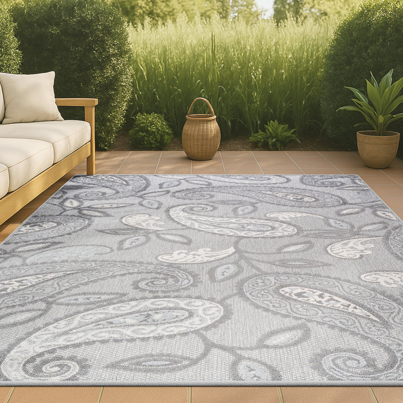 Julien Paisley High-Low Light Gray/Ivory Indoor/Outdoor Rug, Rectangle 4' x 6'