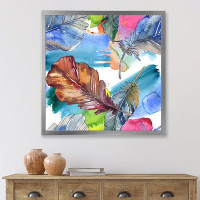 Plume d'oiseau en bleu et rose - peinture sur toile à cadre flottant