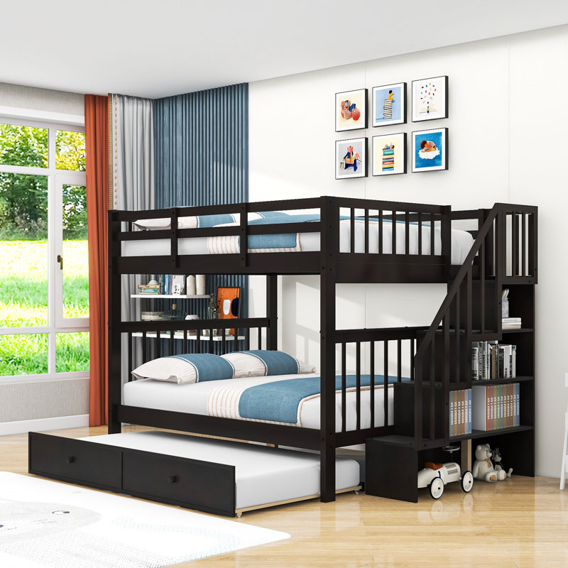 Doresha Kids Bunk Bed with Trundle, Espresso, Full Over Full