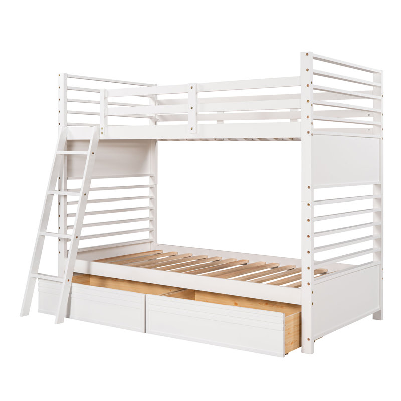 Lit simple superposé en bois avec deux tiroirs, Blanc