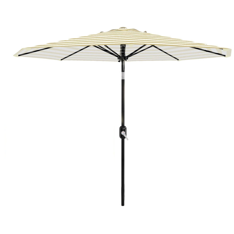 Parasol de patio 10 pi, 8 baleines robustes, avec manivelle et inclinaison à bouton-poussoir, Rayures brunes et blanches