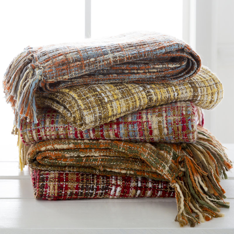 Ameeran Hand Woven Throw Blanket, Rust, Ivory, Light Blue, Mushroom, Gray