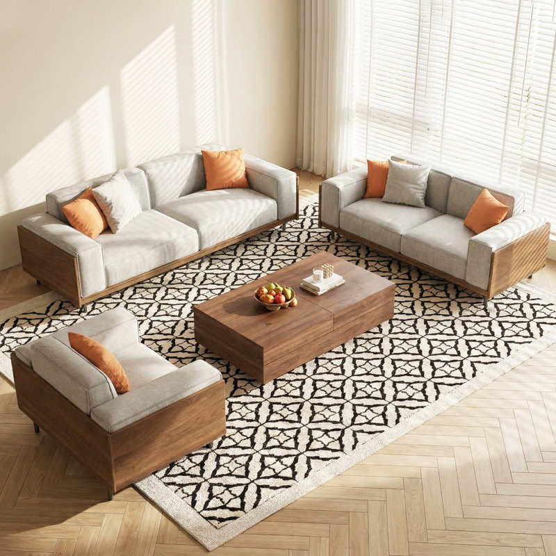 Ensemble de salon moderne 3 pièces: Canapé rembourré en coton et lin 1 + 2 + 3 avec coussins décoratifs
