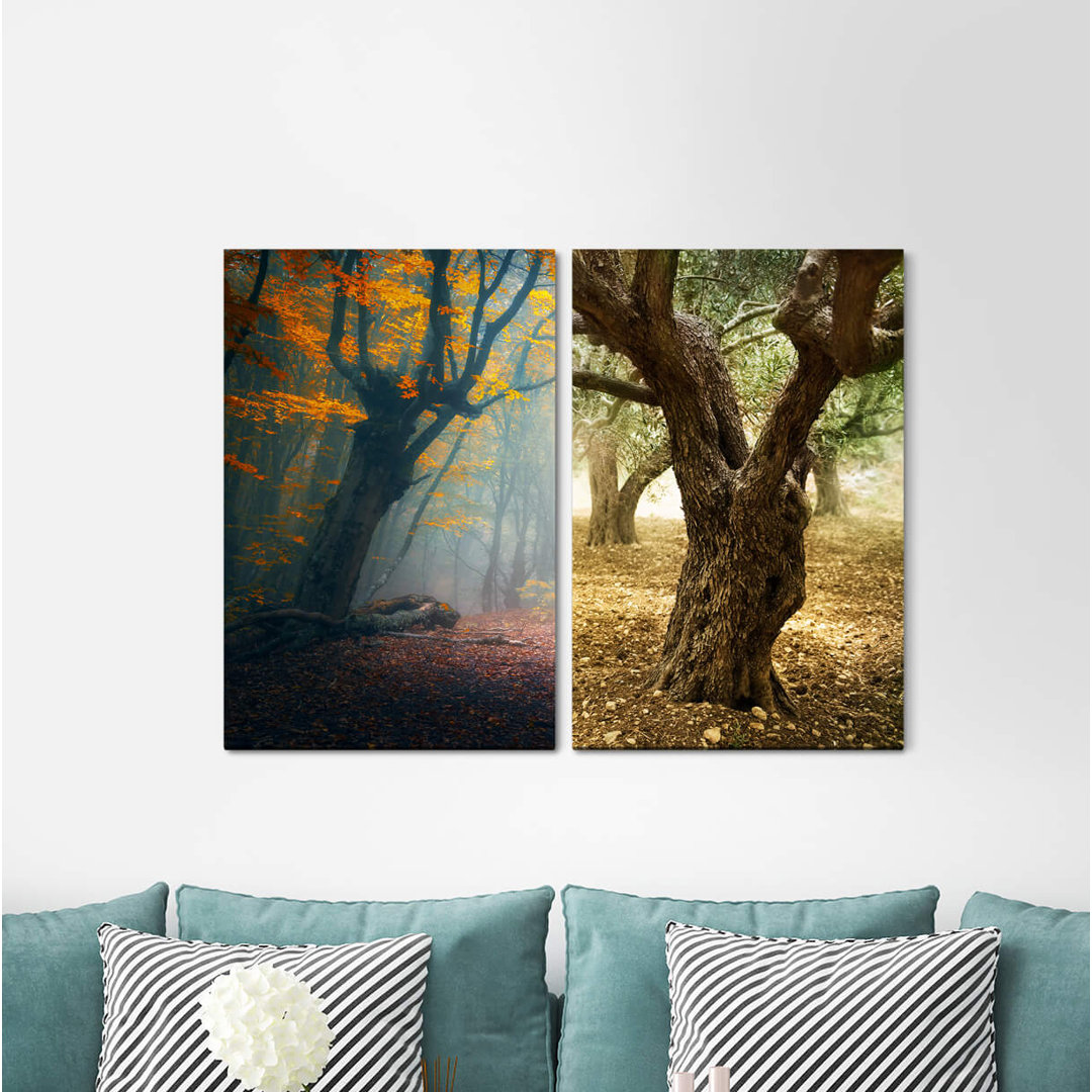 2-tlg. Leinwandbilder-Set - Fotografie „Trees Forest Autumn Mystic Foliage Nature Calming”