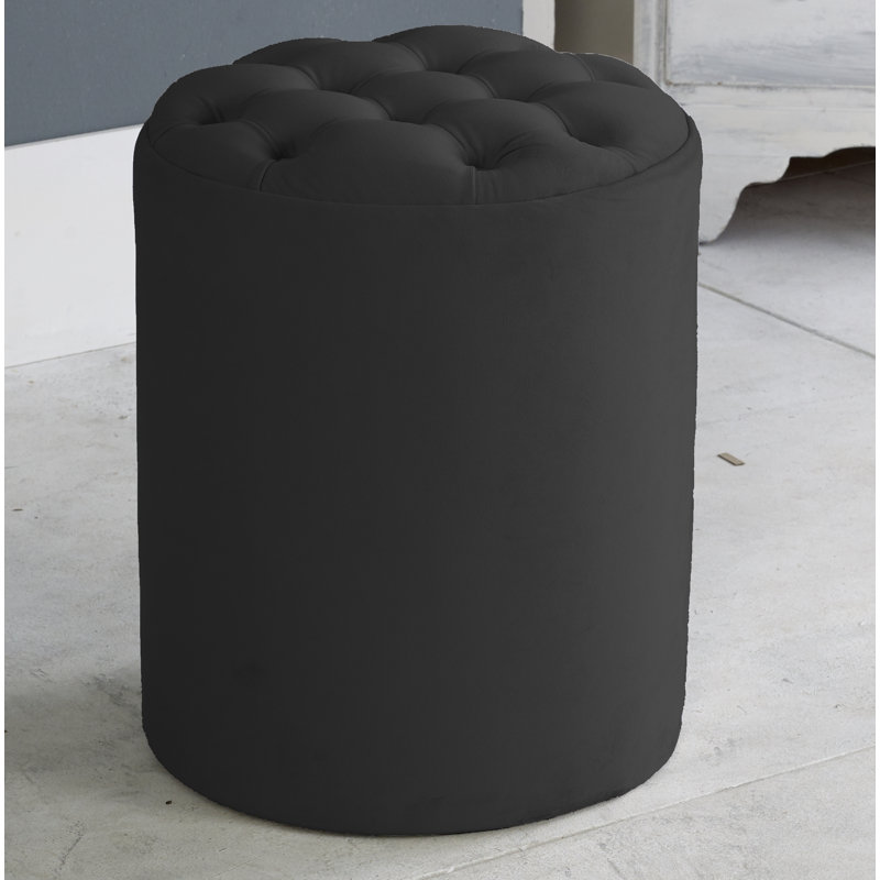Henthorn 28cm Wide Velvet Tufted Round Solid Colour Pouffe Ottoman, Black