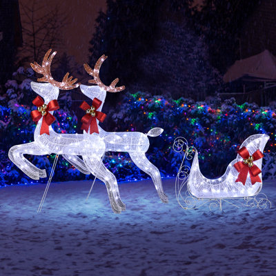 3-piece 2d White Lighted Set Of 2 Reindeer & Sleigh
