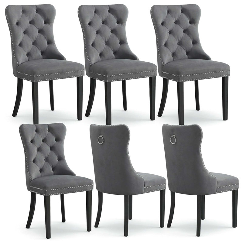 Ensemble de chaises de salle à manger 6 pièces en velours, avec anneau et garniture cloutée, pour cuisine et salle à manger, gris