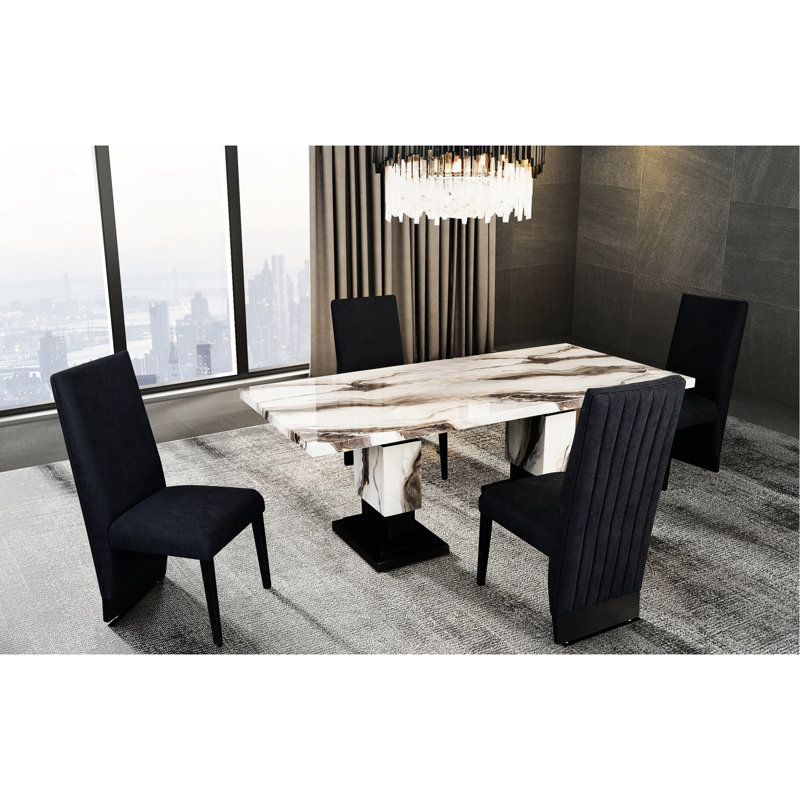 Modern Rectangular Faux Marble Dining Table , 4 Upholstered Chairs, Double Pedestal Base, Solid Back, Seats 6, Rubberwood Construction, White And Black Patterns In Marble, Structure, Designs