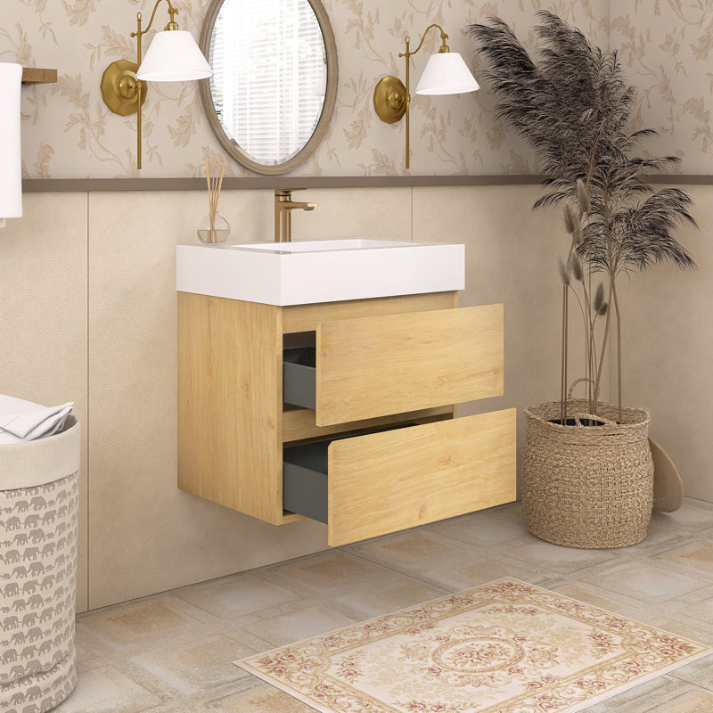 Meuble-lavabo simple 24 po avec plateau Kansiray, Blanc, Chêne