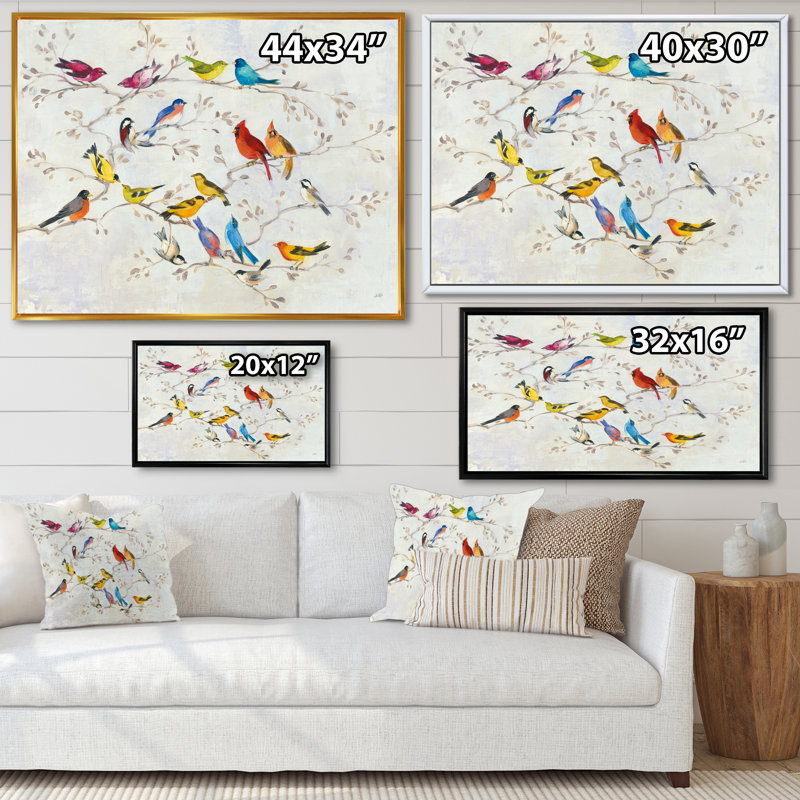 « multi-color oiseau on tree », reproduction d’impression sur toile encadrée modern campagne, H 16 po x l 32 po x P 1 po