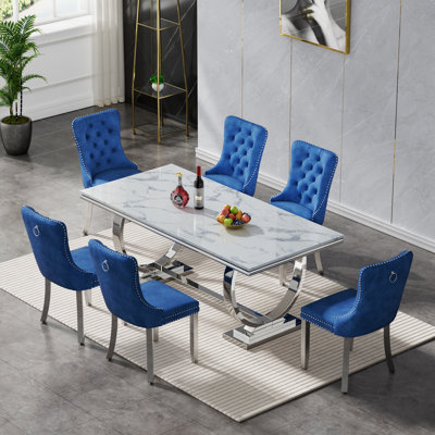 Ensemble de salle à manger 7 pièces en faux marbre pour 6 personnes, ensemble table et chaises de cuisine argenté de luxe de 173 cm avec base en acier inoxydable pour cuisine et salle à manger
