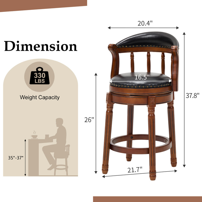 Tabouret de bar pivotant en cuir véritable véritable avec structure en bois d'hévéa massif, dossier mi-haut, Noir