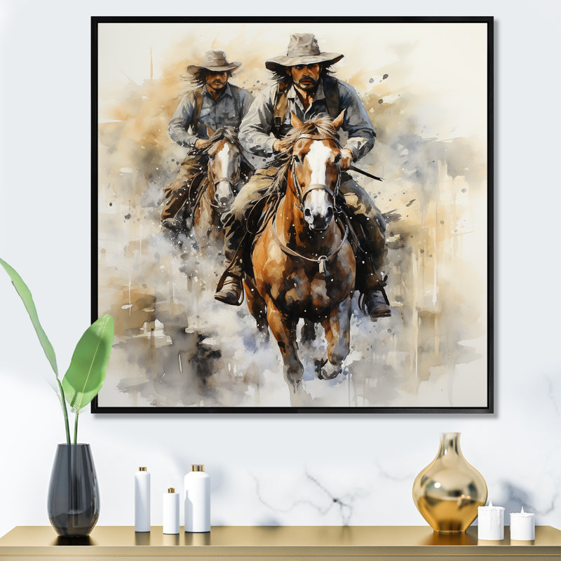 Blanc et brun, Cowboys de Bronco II - art mural, H 36 po x l 36 po, Gold Picture Framed