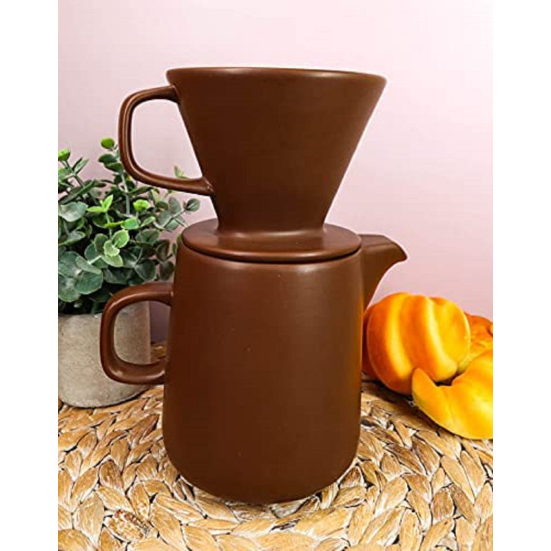 Latitude Run® Colourful Matte Finish Porcelain Portable Personal Artisan Hand Crafted Barista Style Coffee Maker Carafe Pot Flask With Pour Over Dripper Filter Cup Set (Brown)