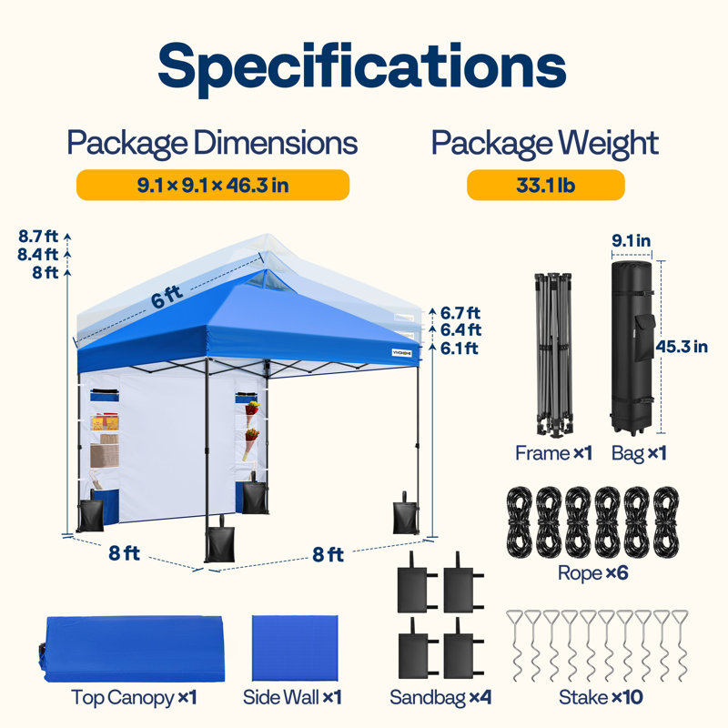 Pop Up Canopy Tent with Detachable Sidewall, Blue, 8ft x 8ft