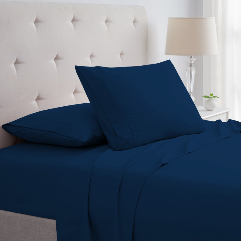Navy King Bamboo Microfiber Embroidered Deep Pocket Sheet Set