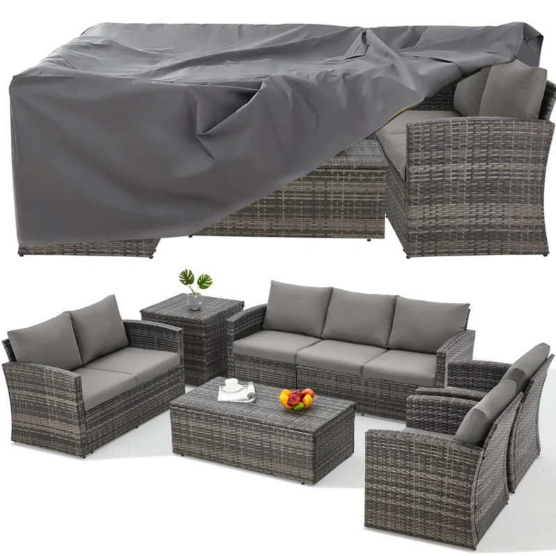 7 - Person Outdoor Seating Group with Cushions and Cover, Gray Cushion/Gray Frame