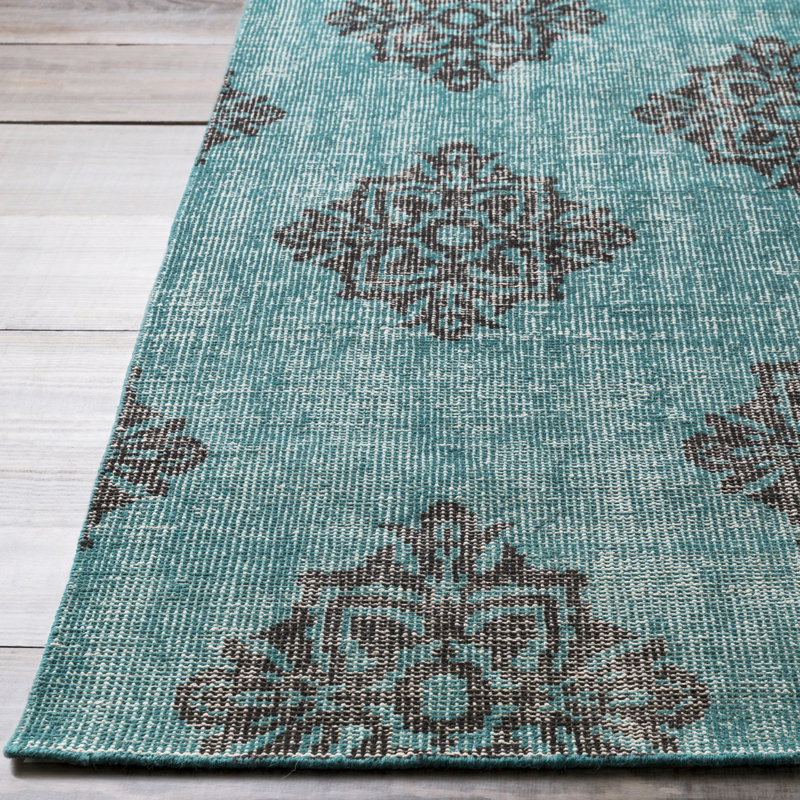 Tapis bleu sarcelle / gris en laine noué à la main Adnan, Rectangle 5 pi 6 po x 8 pi 6 po