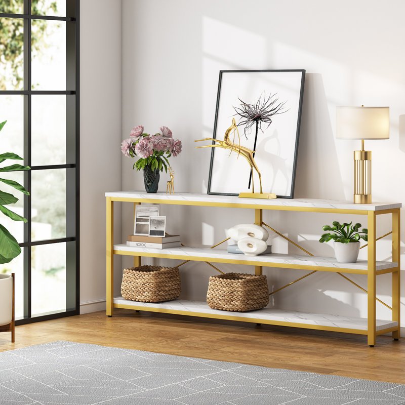 Jeyden 70.87" W Manufactured Wood Top Console Table with Metal Frame , White Top/Gold Base