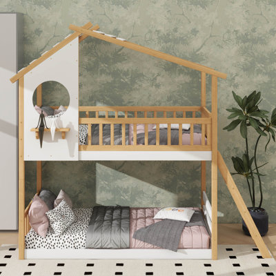 Timber Twin-On-Twin Bunk Bed Adorned With A Canopy Roof