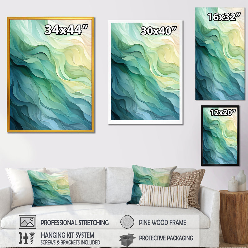 «Gree And White Sway Wave Serenity I», art mural géométrique, Cadre flottant noir, H 32 po x l 24 po x P 1 po