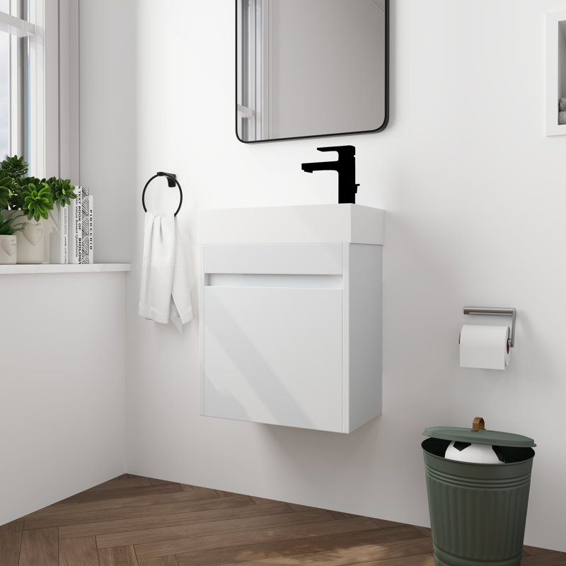 Ajahn 18" Wall Mounted Single Bathroom Vanity Set, Floating Bathroom Vanity with Soft Close Door, Resin Top, White
