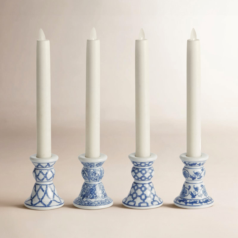 Bleu de Chine Ceramic Blue and White Chinoiserie Mini Taper Holders, Set of 4, Blue
