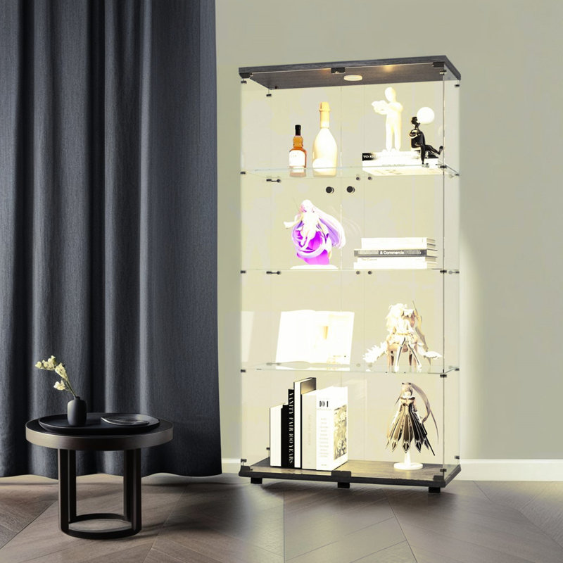 Vitrine en verre noire à 4 tablettes éclairées avec serrure - 65,02 H x 32,56 L 14,25 W, avec 12 options de couleurs par télécommande, bois massif trempé de 5 mm, coffre-fort, capacité de 15 lb, vitrines