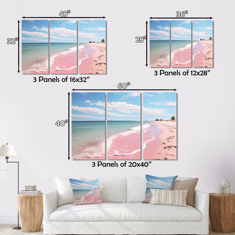 «Pink Minimalisme Beach Landscape I», reproduction sur toile 3 pièces, H 28 po x l 36 po x P 1 po