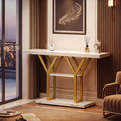 Industrial Console Table With Marble Top, 3-Tier Entryway Table With Y-Shaped Metal Base For Hallway, Foyer Or Behind Sofa