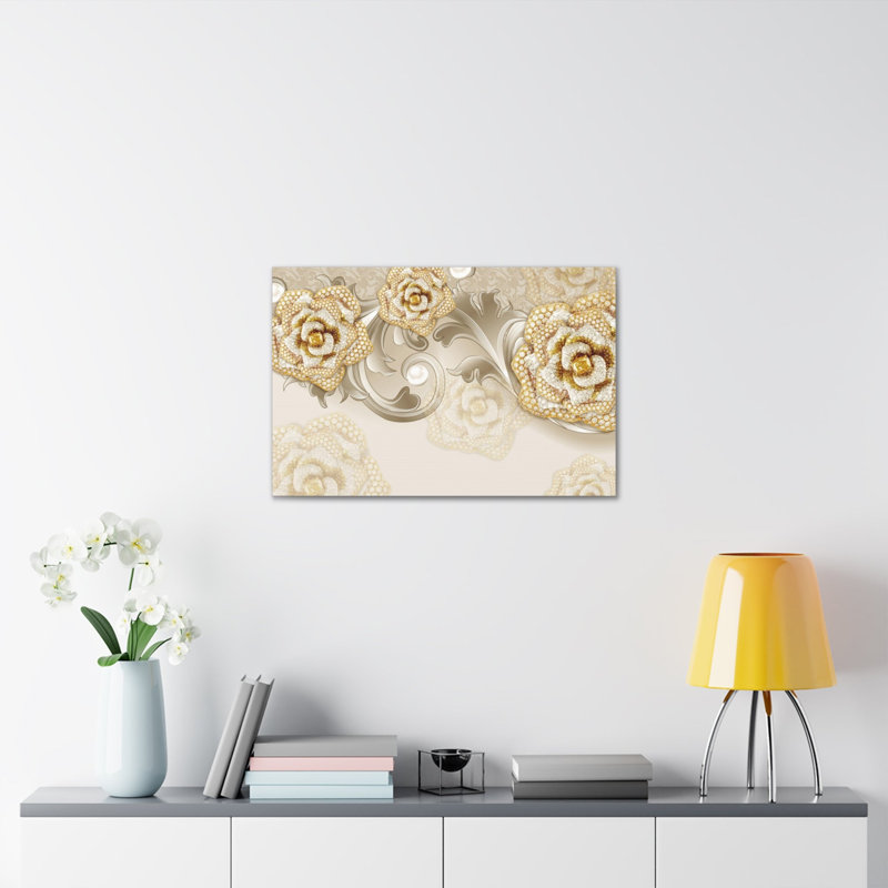 Art mural sur toile à fleurs 3D or et gris 3D, H 16 po x l 20 po
