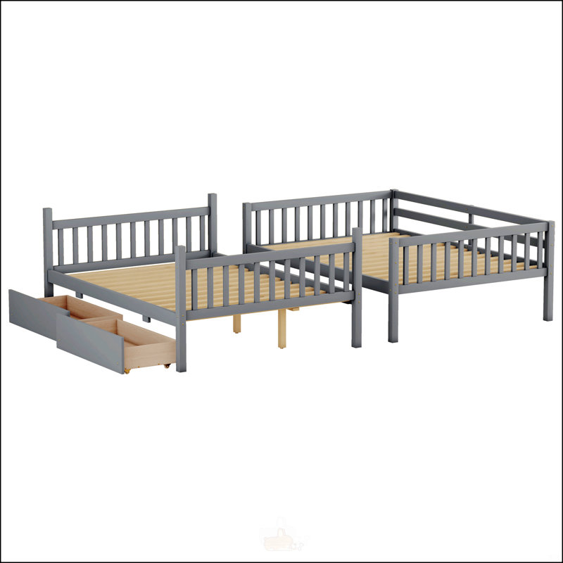 Full Over Full Rubber Wood Bunk Bed With 2 Drawers, Grey