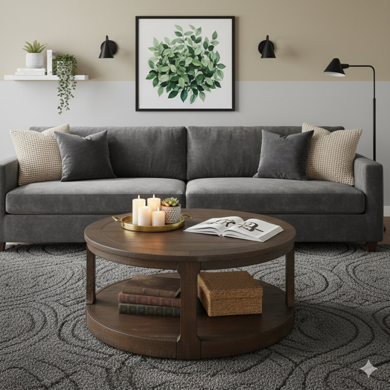 40-Inch Large Curved Two-Tier Traditional Round Wooden Centre Coffee Table, Mid-Century Rounded Design With Casters, Rustic Style Table For Living Room, Office, Apartment, Brown