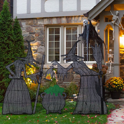 Set Of 3  Lighted  Halloween 2.5D Witches With Cauldron Outdoor Décor With 340 Warm White LED Lights (KD)