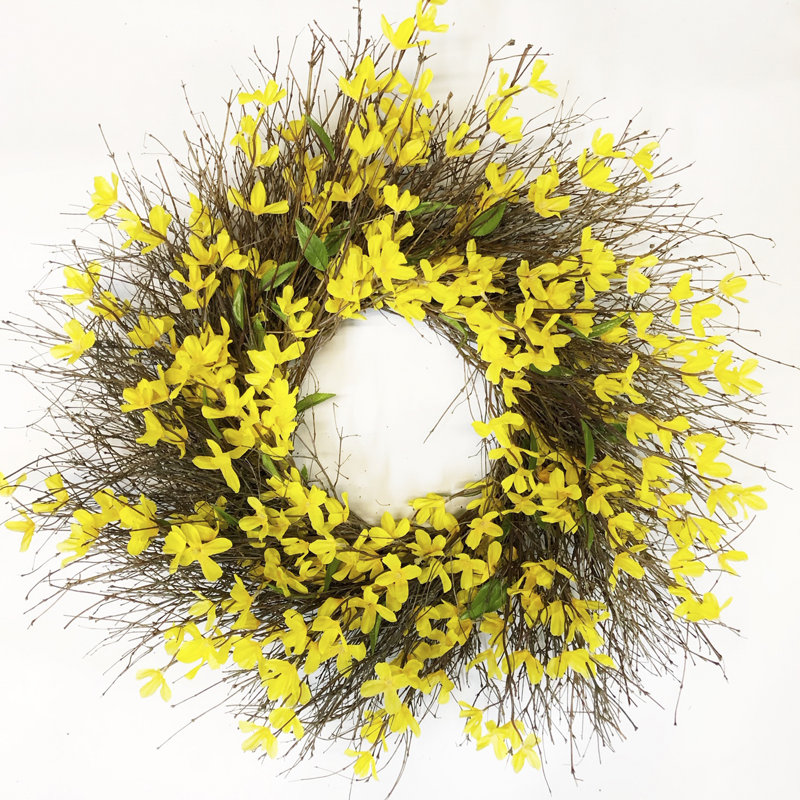 Faux Silk Spring Forsythia Wreath, 15'' H x 15'' W x 4'' D