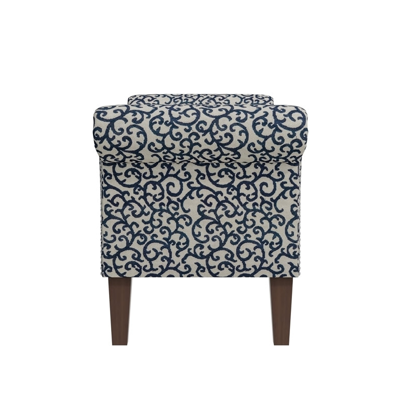 Wallen Traditional Rolled Arm Storage Bench Ottoman with Pewter Nailhead Trim in Black Curly Vine Pattern with Dark Brown Solid Wood Legs