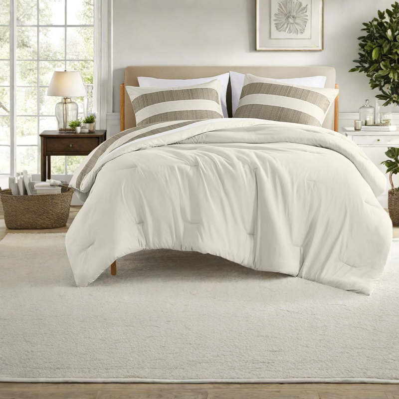 Premium 3-piece Bedding Set, Textured Stripe Design, Neutral Beige, Full/queen