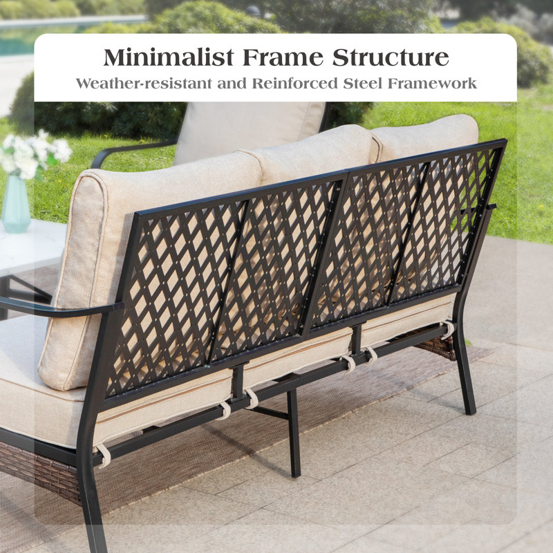 74.8'' Wide Outdoor Patio Sofa With Cushions & Wicker Decor, Beige Cushion/ Black Frame