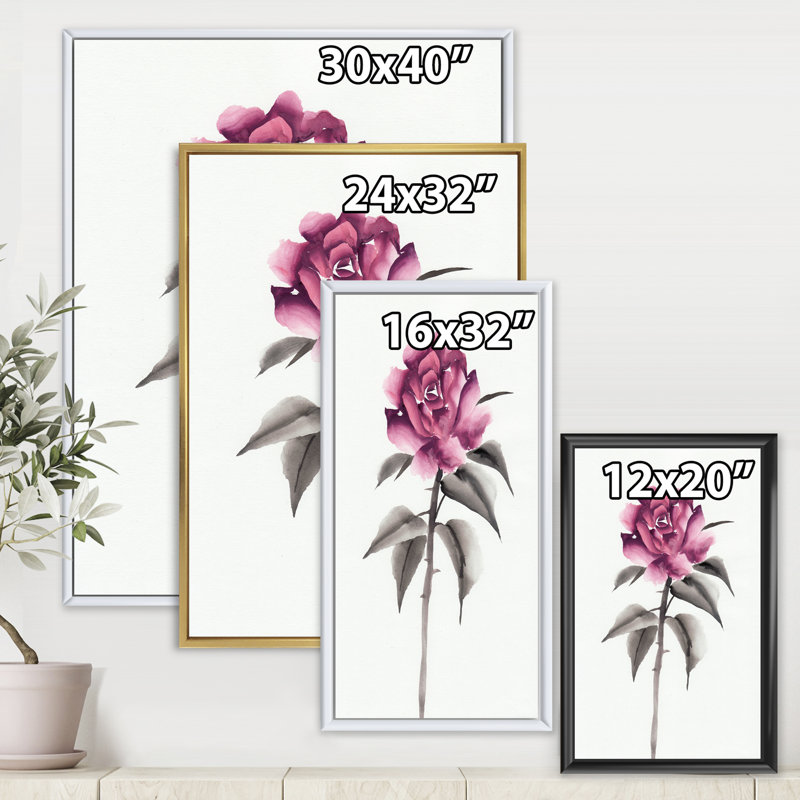 Fleur rose rétro - peinture sur toile, Toile blanche encadrée, H 40 po x l 30 po x P 1 po