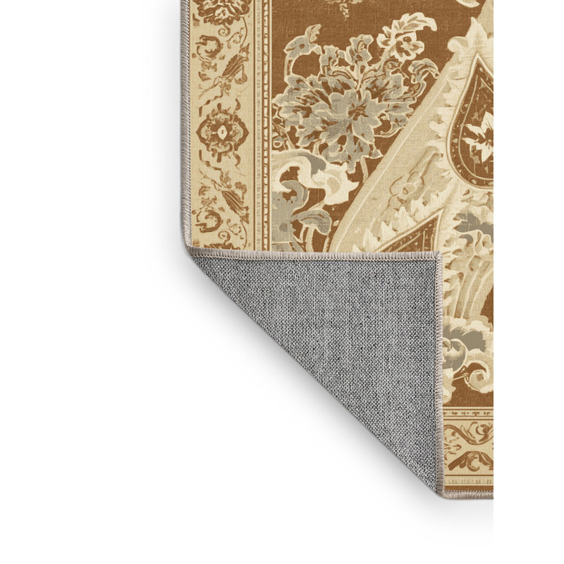 Machine Washable Ovaline Classic Oriental Rug in Brown – Beige Binding, 7x10