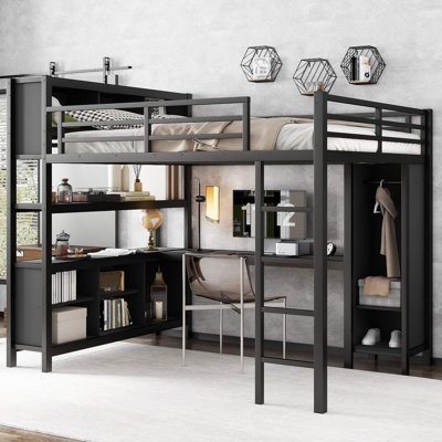 Queen Metal Loft Bed With L-Shaped Desk & Wardrobe – Space-Saving Storage For Kids, Teens & Adults