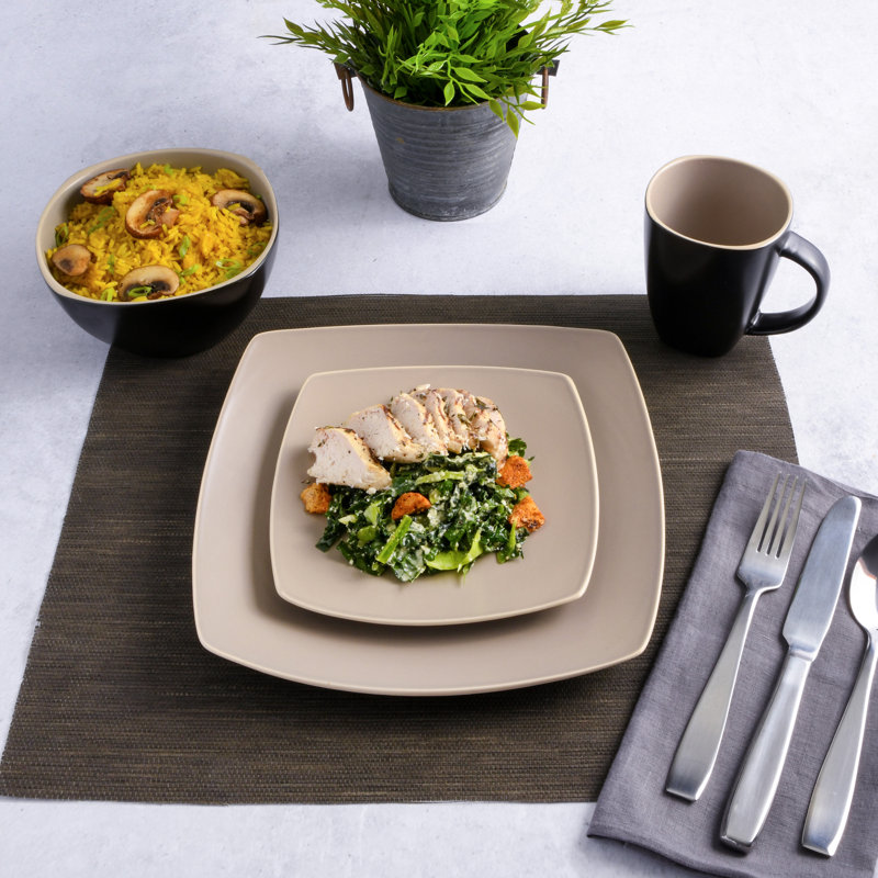 Ivy Bronx  Stoneware Dinnerware - Service for 4, Taupe/Black