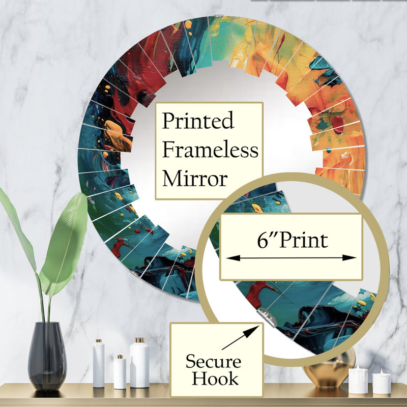 Jaune et turquoise Journey of Abstraction IV - Miroir mural rond moderne, 32 po x 32 po