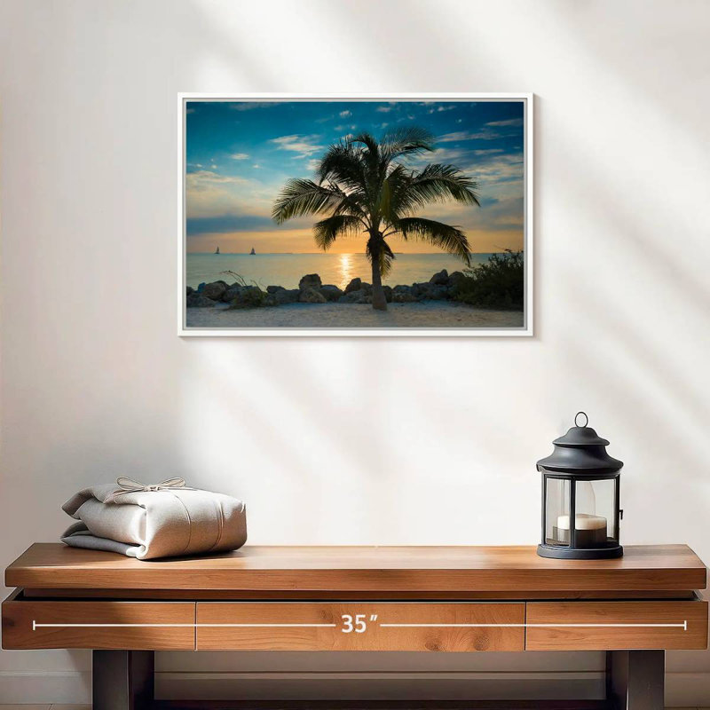 Palmier Key Key Sunset, Cadre flottant blanc, 19 po x 13 po
