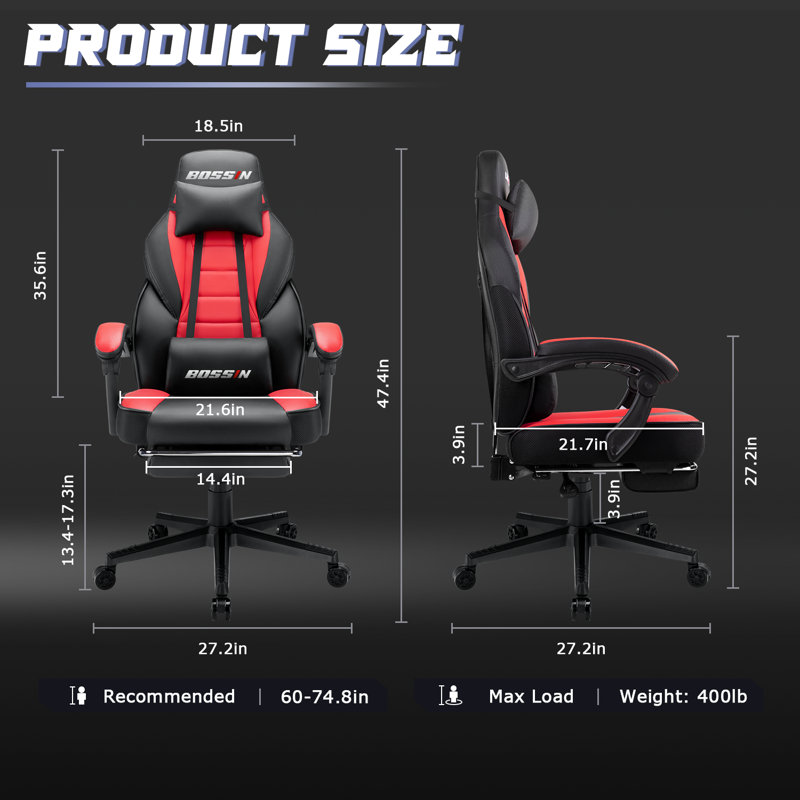 Chaises de jeu BOSIN avec repose-pieds, chaises de jeu d'ordinateur ergonomiques avec support lombaire, Rouge/noir