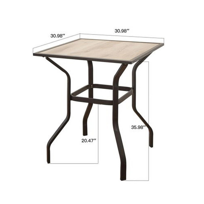 Table de patio moderne avec support en métal et plateau imitation bois beige élégant