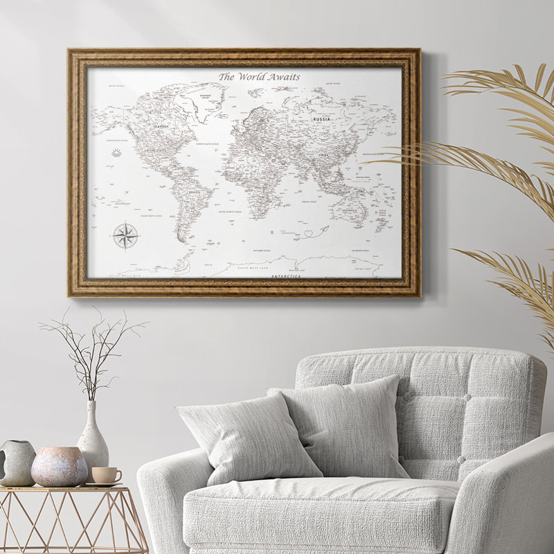 Carte de voyage à punaises - Carte du monde minimaliste encadrée sur toile, 26 x 40 - Taille intérieure, Bronze Antique