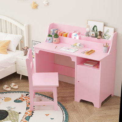 Kids Desk and Chair Set with Hutch, Storage Cabinet, Wooden Children Study Table, Student Writing Desk for Kids Bedroom & Study Room,Pink