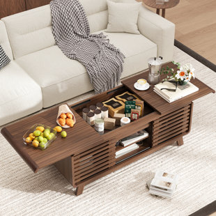 Table basse avec plateau coulissant, table basse Mid-Century en bois de 47 po avec portes de rangement et coulissantes, noyer