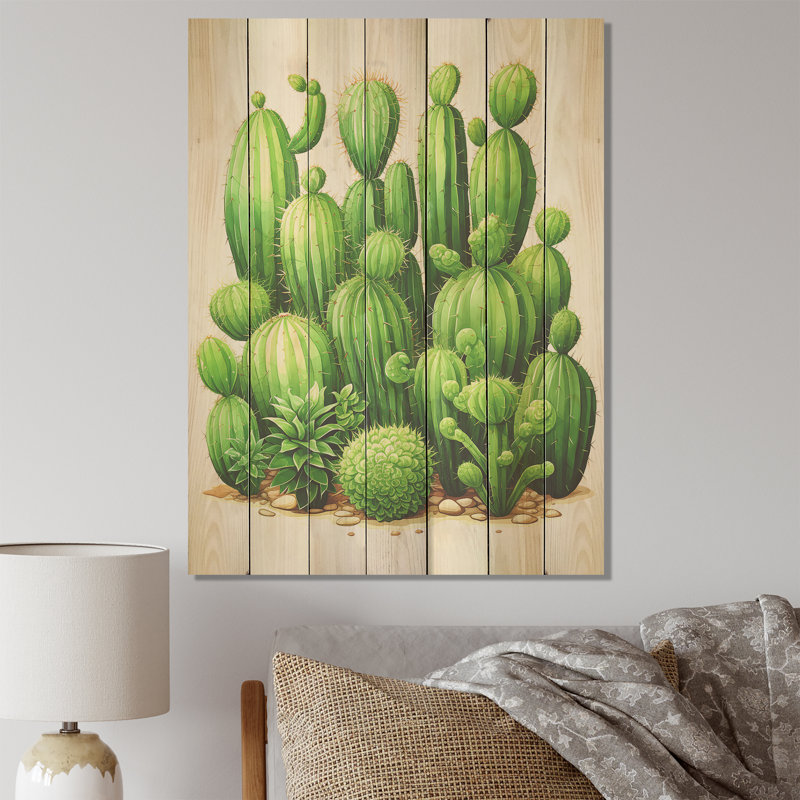 Green Cactus Desert I - cactus floral sur bois, H 20 po x l 10 po